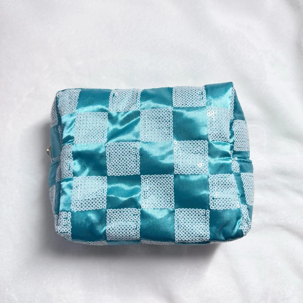 Blue Green Teal Aqua Checkered Sequin Pouch Makeup Bag - New